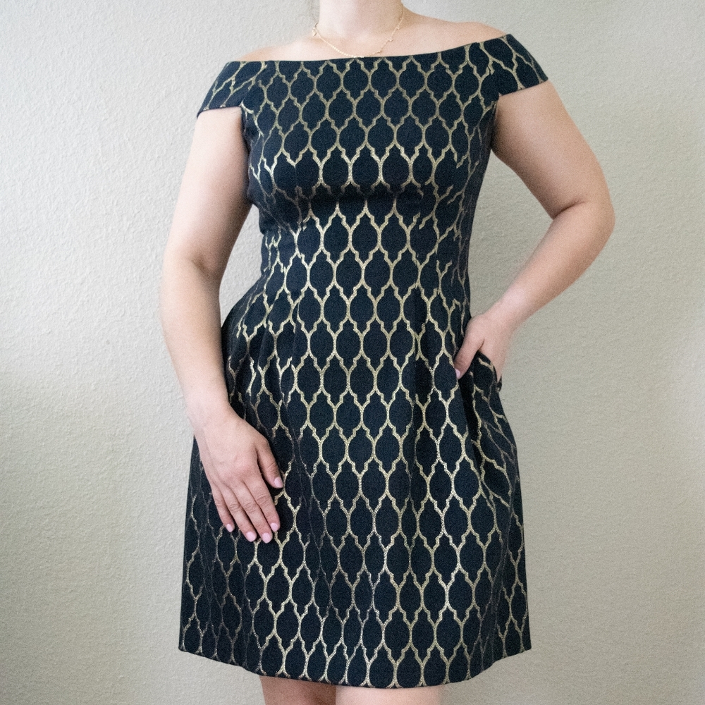 Vince Camuto Black & Gold Fit & Flare Dress with Pockets